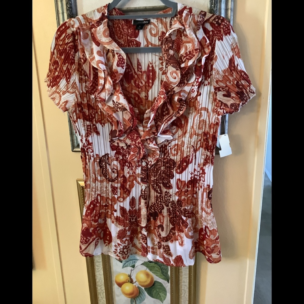 Ruffled sheer East 5th top short sleeves size Med rust orange bone NWT